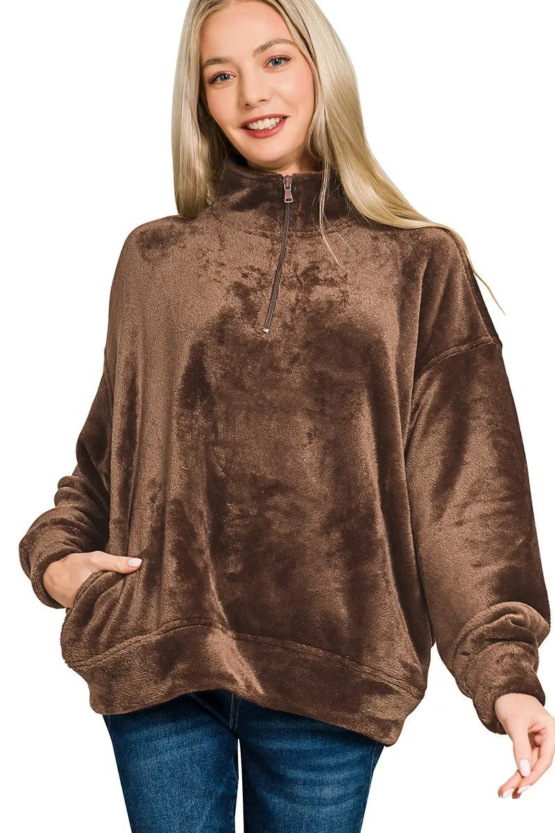 Sarah Express Women's Faux Fur Half Zip Pullover | Oversized Pocketed | 100% Polyester | S-L