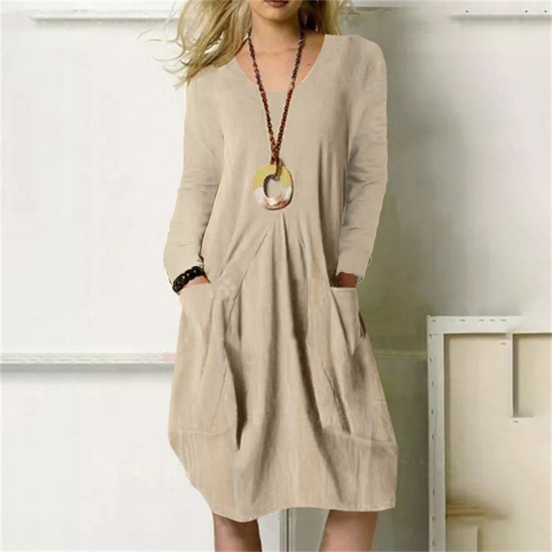 Women's Cotton Linen Pocket Dress Loose Fit Long Sleeve