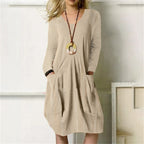 Women's Cotton Linen Pocket Dress Loose Fit Long Sleeve