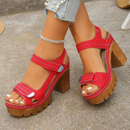 Sarah Express Women's Thick Sole High Heel Sandals | Single Strap Buckle Summer Shoes Red