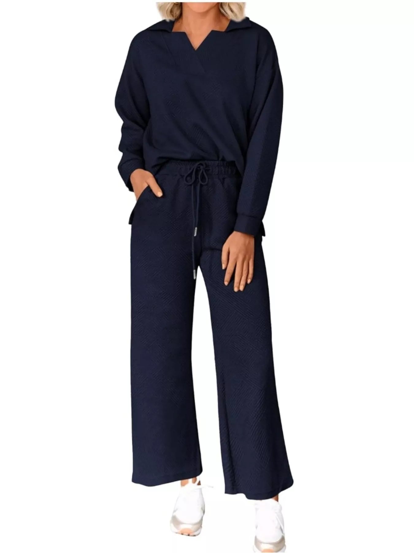 Sarah Express Women's Side Slit Textured Top and Drawstring Pants Set Navy Blue