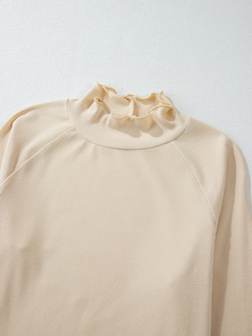 Sarah Express Women's Ribbed Knit Lettuce Trim Mock Neck Long Sleeve Top