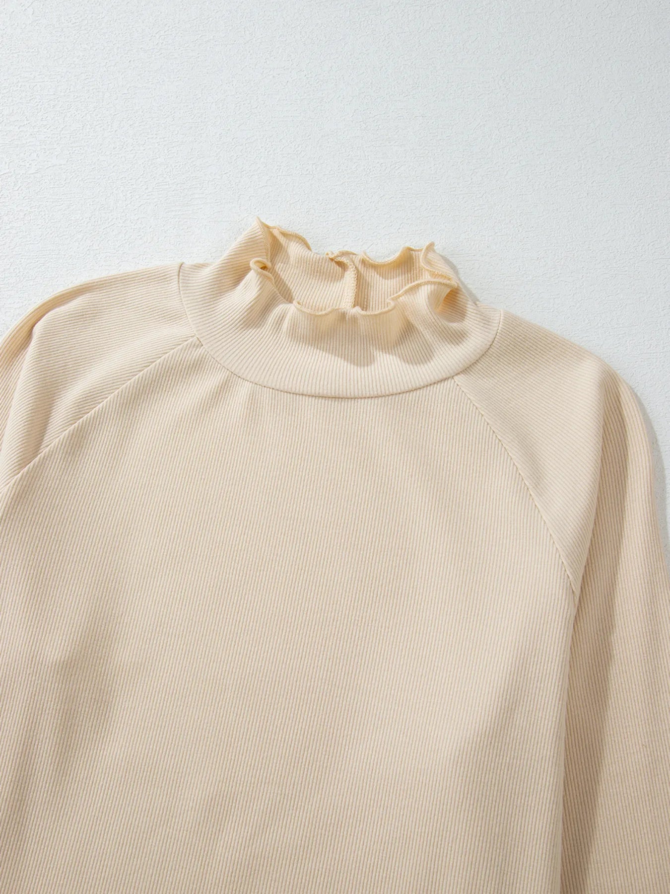 Sarah Express Women's Ribbed Knit Lettuce Trim Mock Neck Long Sleeve Top