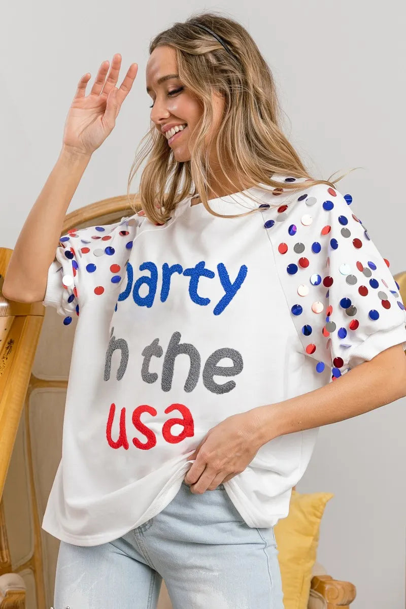 Sarah Express Women’s "Party In The USA" Spangle Puff Sleeve Top