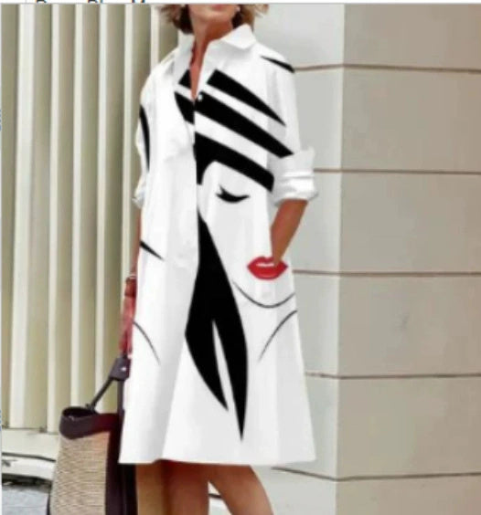 Women's Polo Collar Shirt Dress Long Sleeve Mid Length Cotton Blend Casual