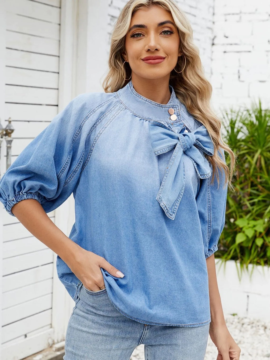 Sarah Express Women's Denim Bow Tie Puff Sleeve Button-Up Top