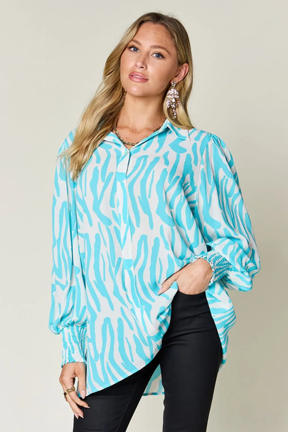Sarah Express Women's Printed Smocked Long Sleeve Blouse Plus Size Aqua