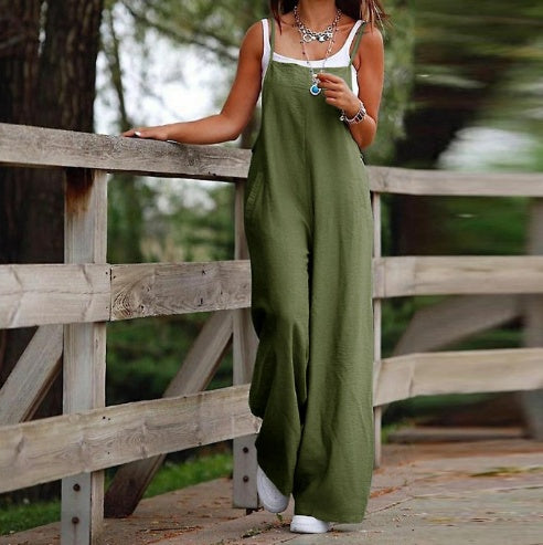 Women's Sleeveless Wide Leg Jumpsuit with Pockets Adjustable Strap Casual Summer Overall