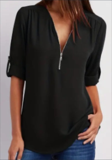 Ruched Half Zip V-Neck Blouse with Rollable Sleeves