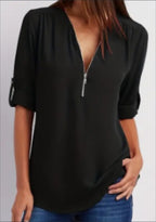 Ruched Half Zip V-Neck Blouse with Rollable Sleeves
