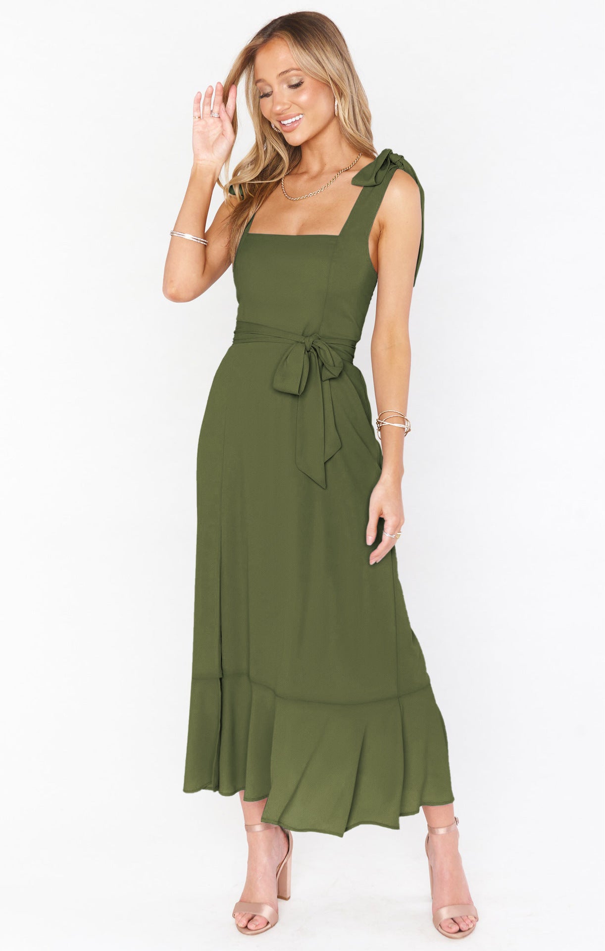Women's Suspender Maxi Dress Lace-Up Split Ruffled Beach Summer