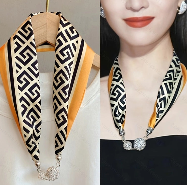 Magnetic Buckle Silk Scarf with Pearl Detail Women's Rectangular Necklace Scarf