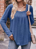 Sarah Express Women's Pleated Square Neck Long Sleeve T-Shirt