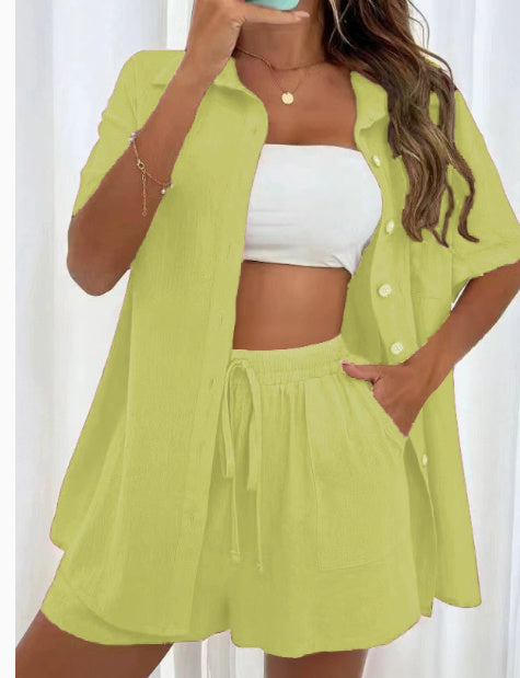 Women's Two-Piece Shirt & Shorts Set - Solid Color Cotton Coordinated Suit