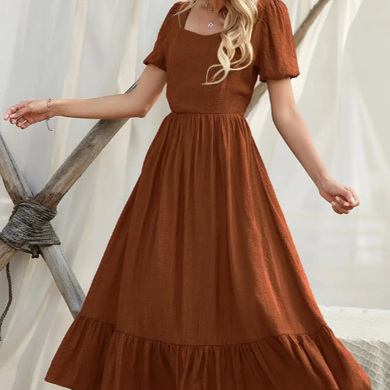 Women's Ruffled Bubble Sleeve Long Dress