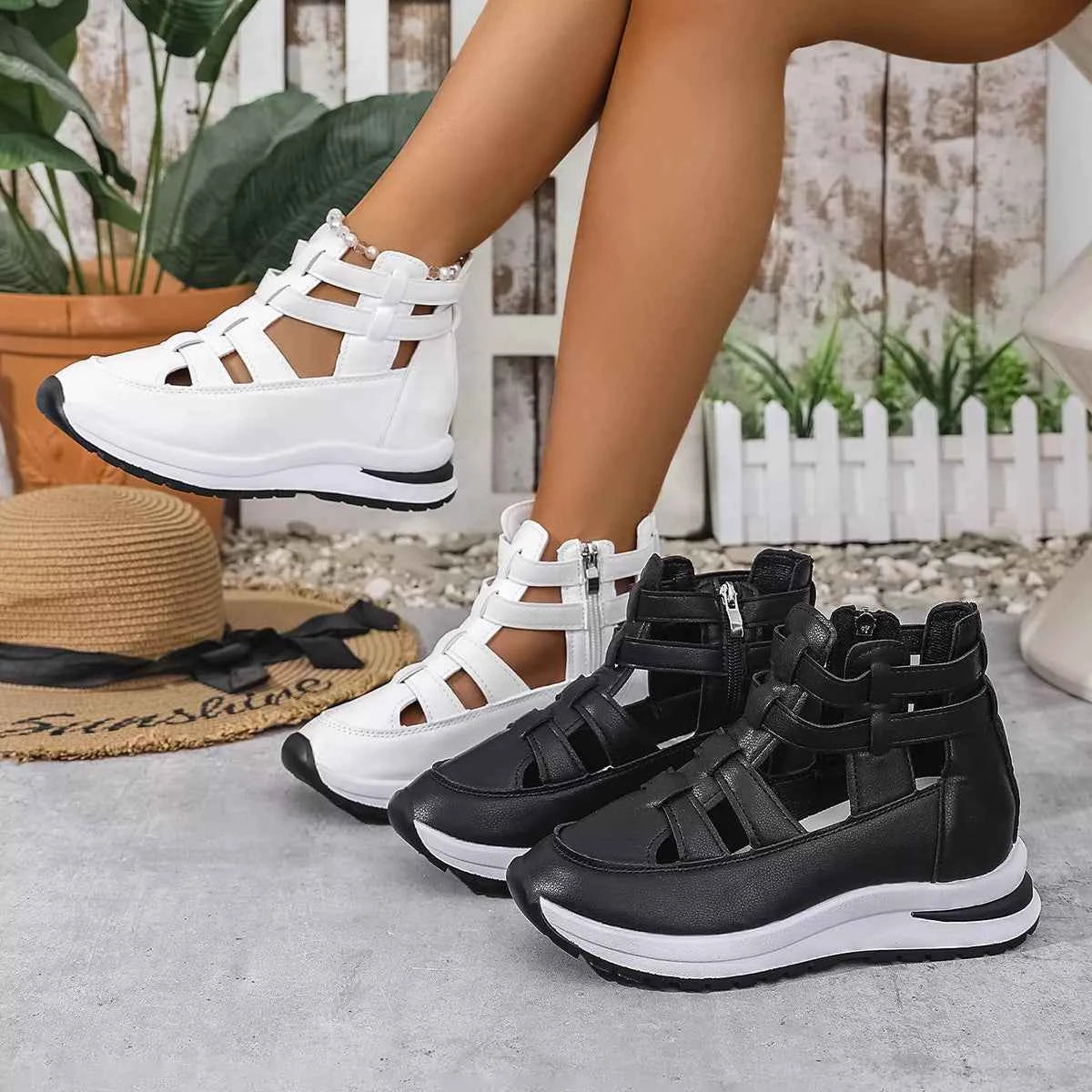 Sarah Express Women's Cutout Platform Sneakers | Low Heel PU Leather Shoes Black