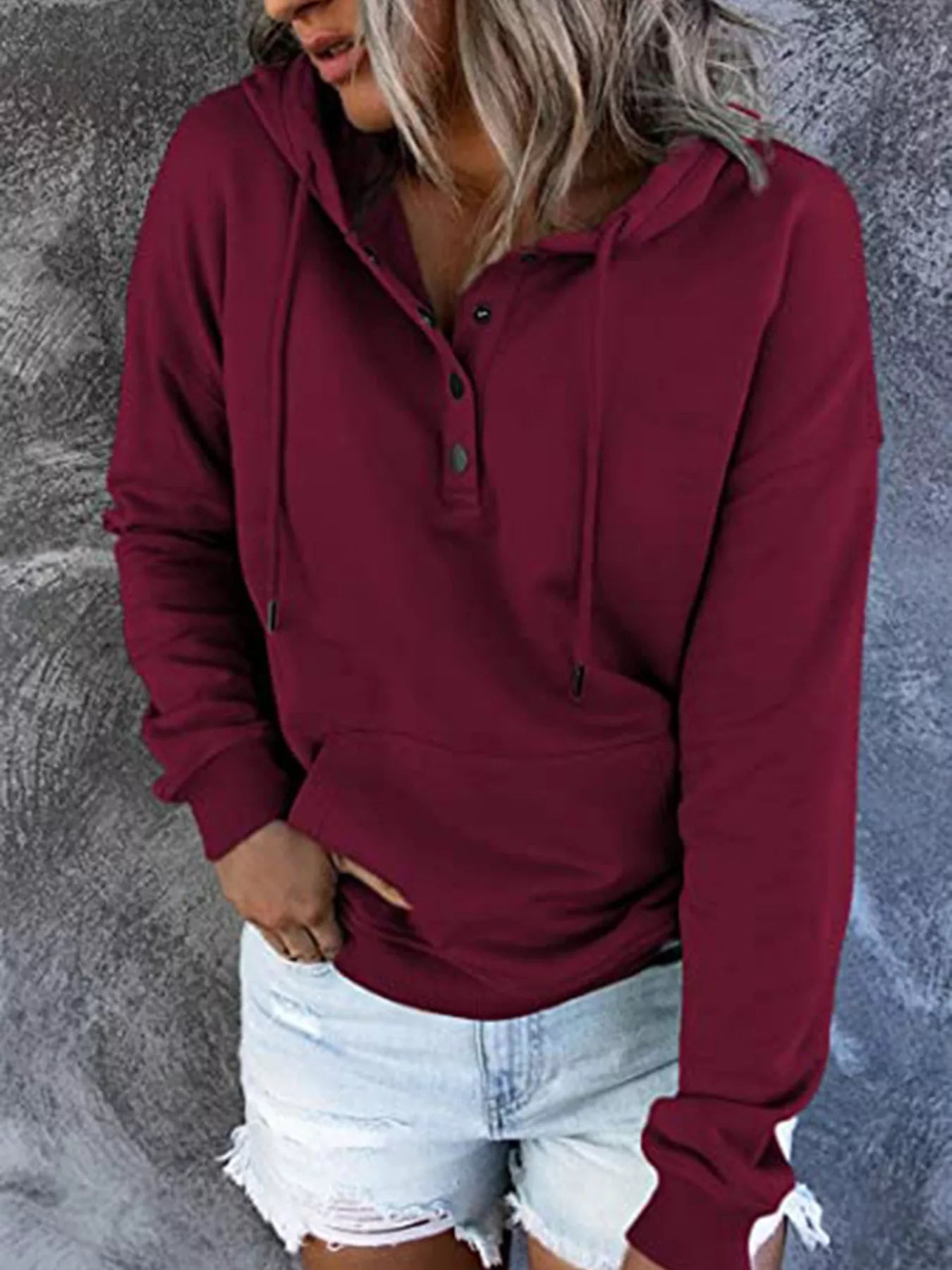 Sarah Express Women's Drawstring Kangaroo Pocket Dropped Shoulder Hoodie Burgundy