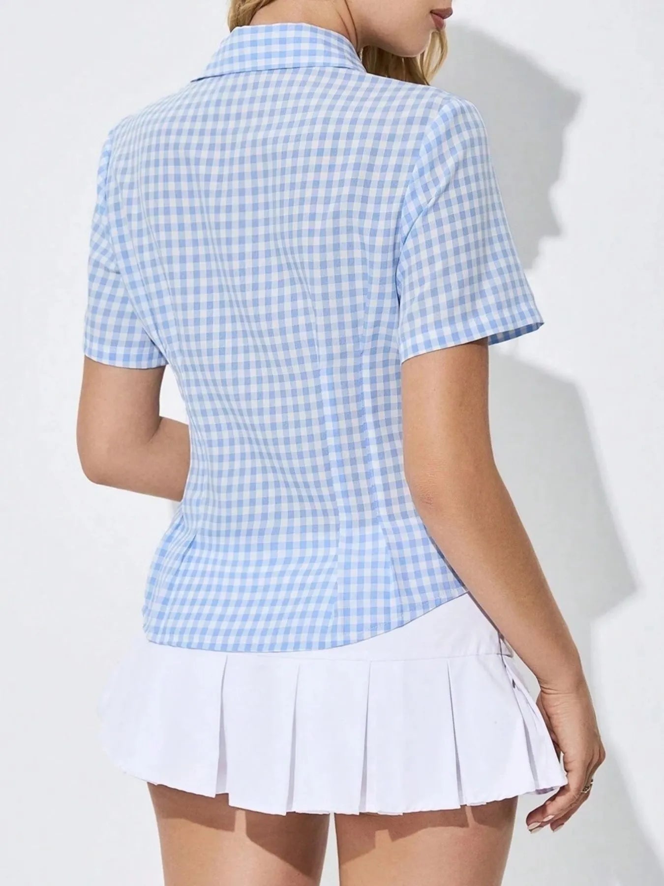 Sarah Express Women's Gingham Short Sleeve Button-Up Shirt