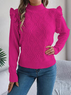 Sarah Express Women's Mock Neck Ruffle Trim Long Sleeve Cable Knit Sweater