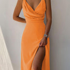 Women's V-Neck Slit Maxi Dress Sling Strap Sleeveless Summer Irregular Hem Polyester Dress