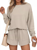 Sarah Express Women's Round Neck Long Sleeve Top and Shorts Set - Two Piece Loungewear