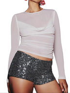 Sarah Express Women's Ruched Mesh Long Sleeve Top