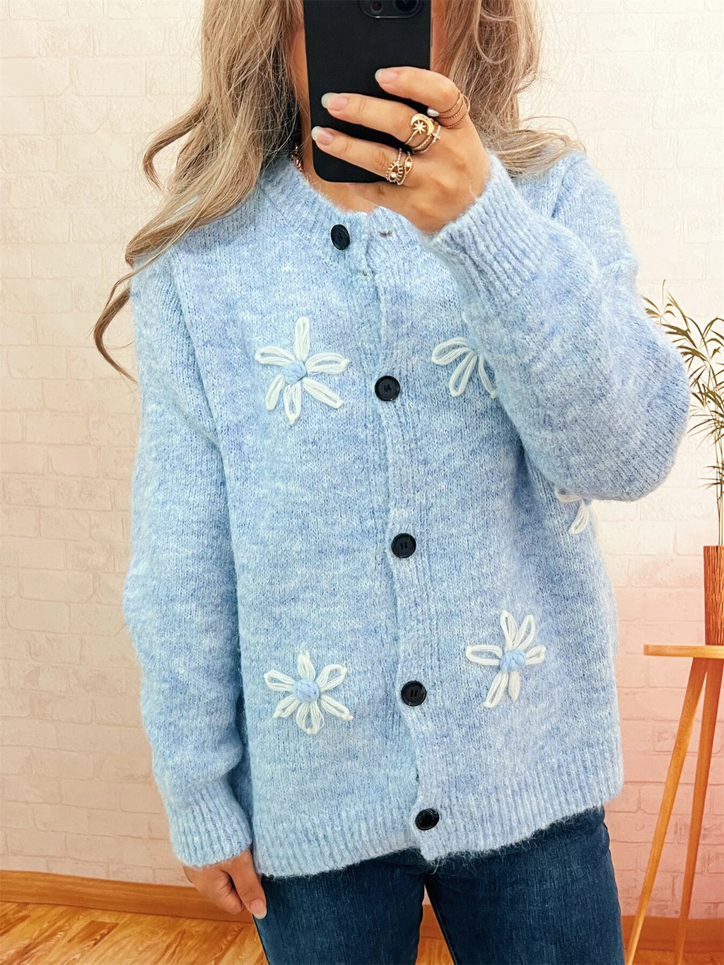 Sarah Express Women's Flower Button-Down Cardigan