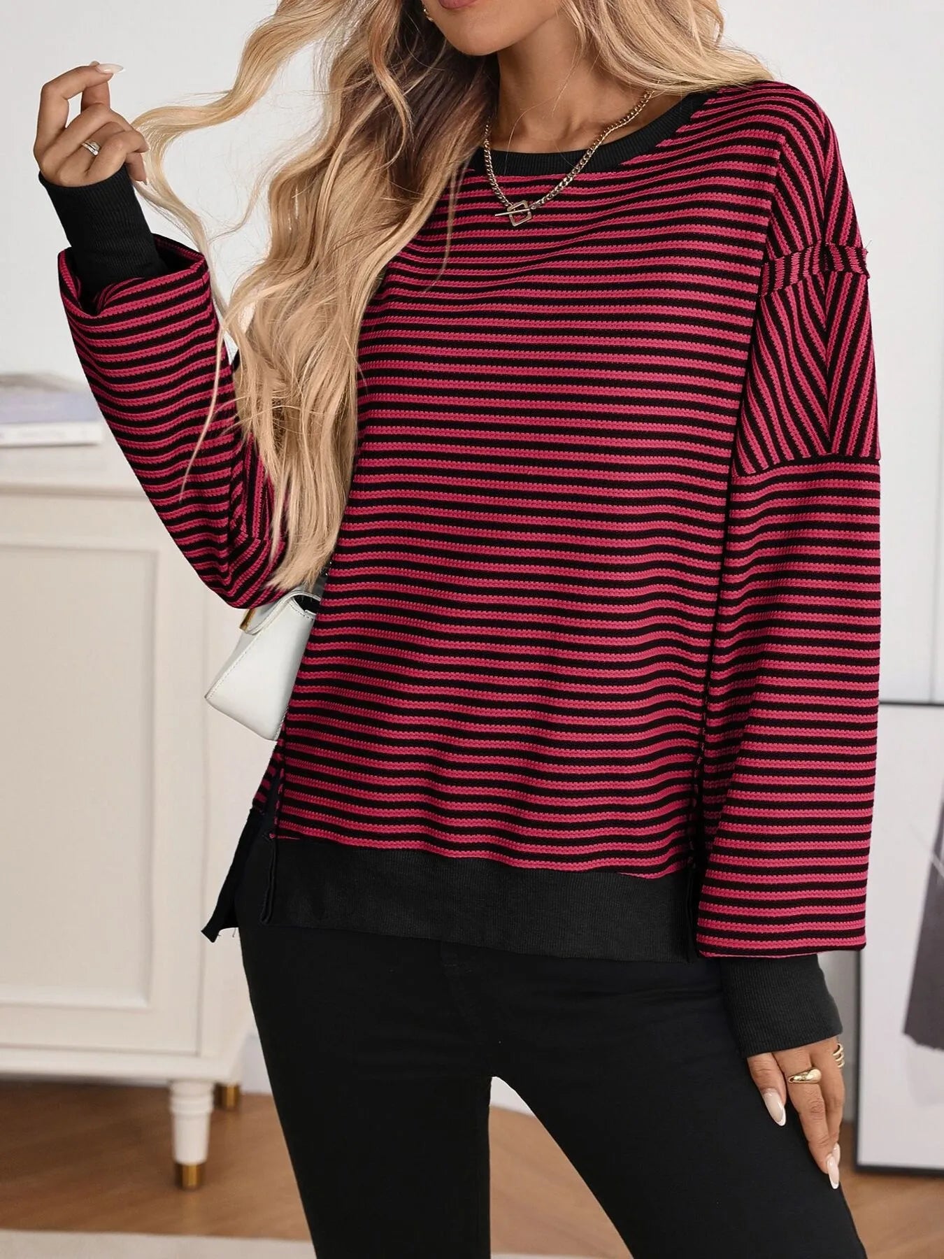 Sarah Express Women's Exposed Seam Striped Contrast Sweatshirt