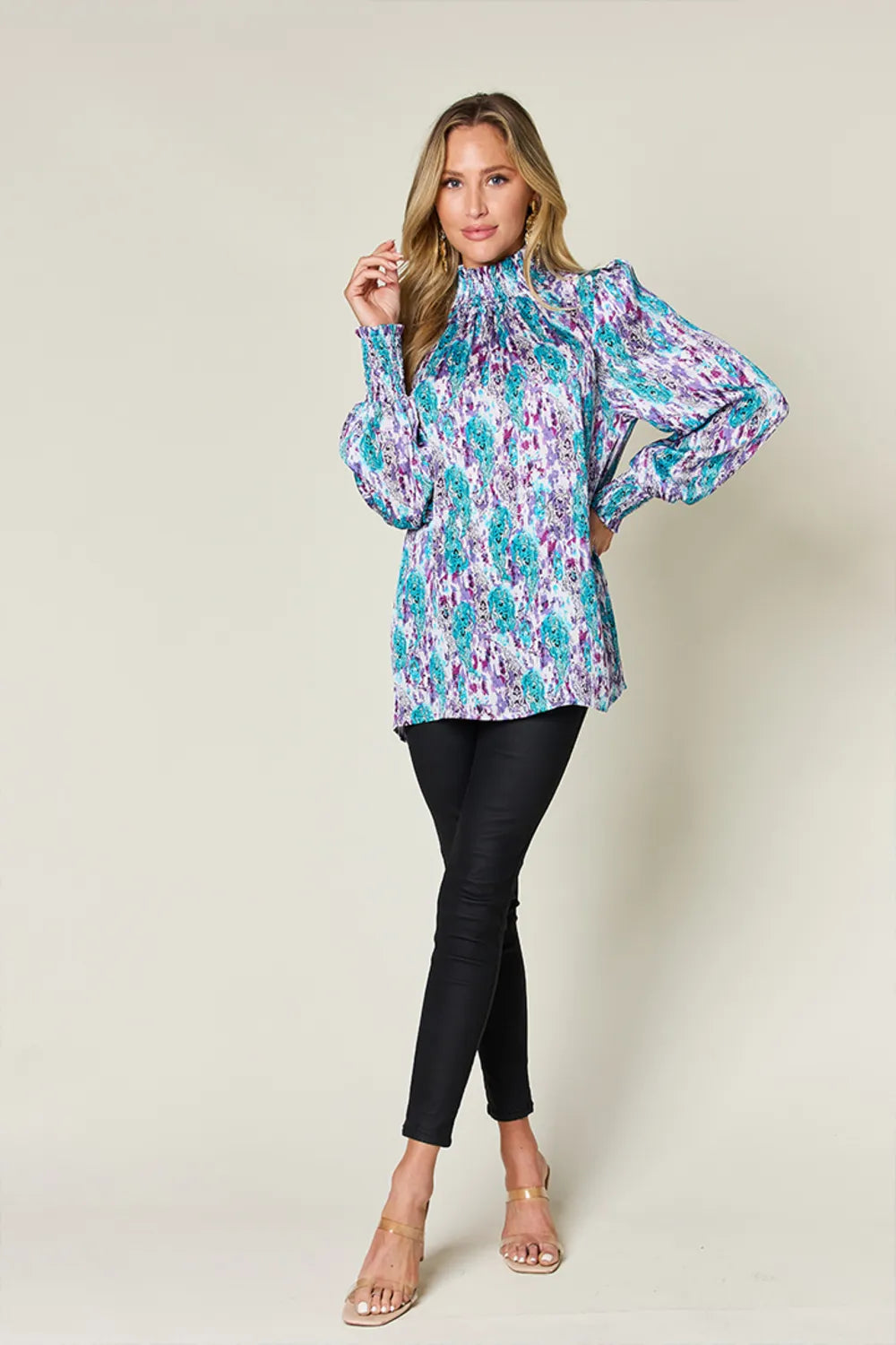 Sarah Express Women's Printed Smocked Long Sleeve Blouse