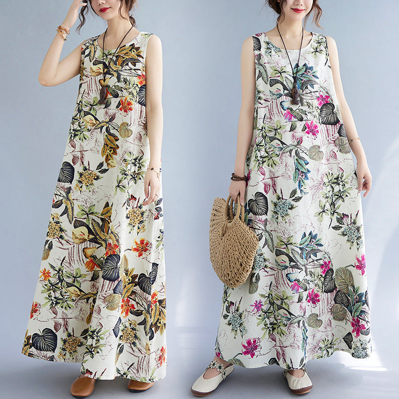 Sarah Express Women's Printed Cotton Linen Maxi Dress - Sleeveless Round Neck Bohemian Plus Size