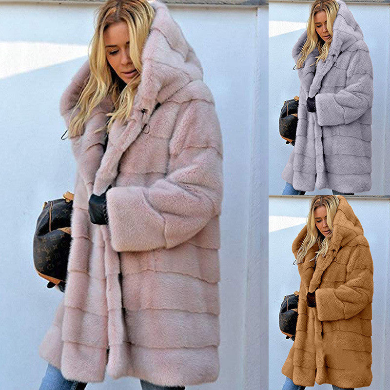 Plush Faux Fur Hooded Coat Loose Fit Medium Length
