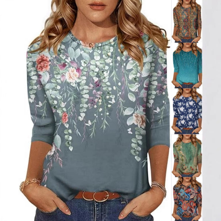 Women's Three-Quarter Sleeve Floral Print T-Shirt Top