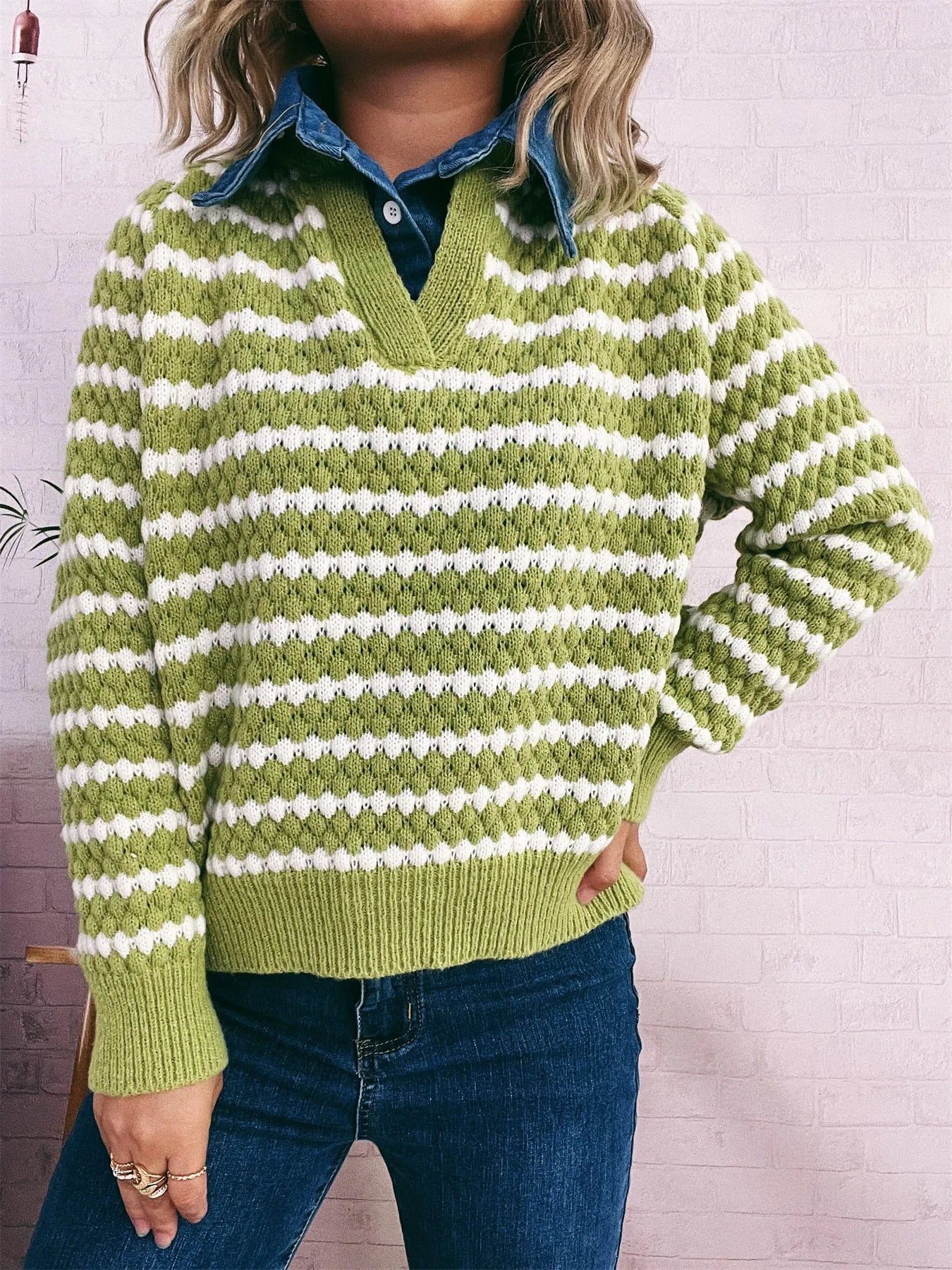 Sarah Express Women's Contrast Striped Sweater with Denim Collar - Openwork Knit Pullover