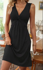 Twist Front V-Neck Dress Sleeveless Knit A-Line Midi Summer