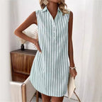 Women's Striped Sleeveless V-Neck Button Front Midi Shirt Dress