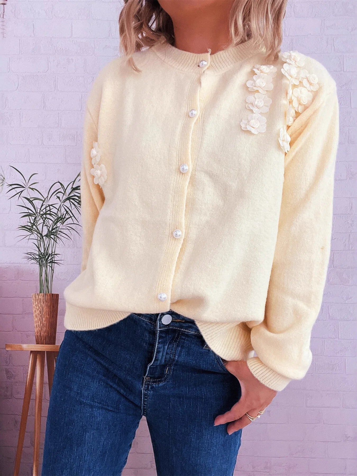 Sarah Express Women's Flower Button Up Long Sleeve Cardigan