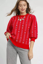 Sarah Express Women’s Jacquard Knit Puff Sleeve Sweater Casual