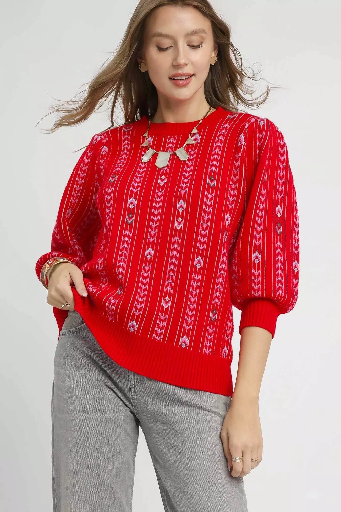 Sarah Express Women’s Jacquard Knit Puff Sleeve Sweater Casual