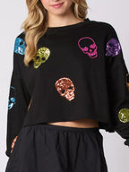 Sarah Express Women's Sequin Skull Long Sleeve Sweatshirt