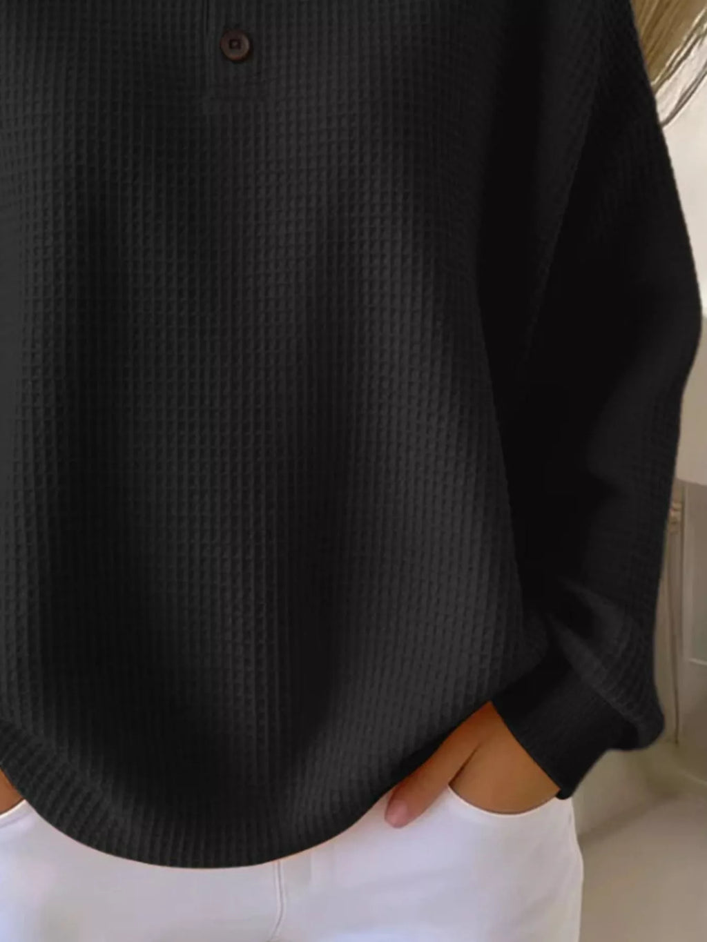 Sarah Express Women's Waffle Knit Button Detail Top - Plus Size Long Sleeve Casual Shirt