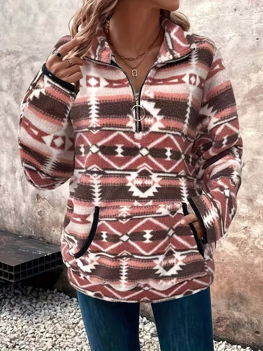 Sarah Express Women's Geometric Half Zip Long Sleeve Sweatshirt