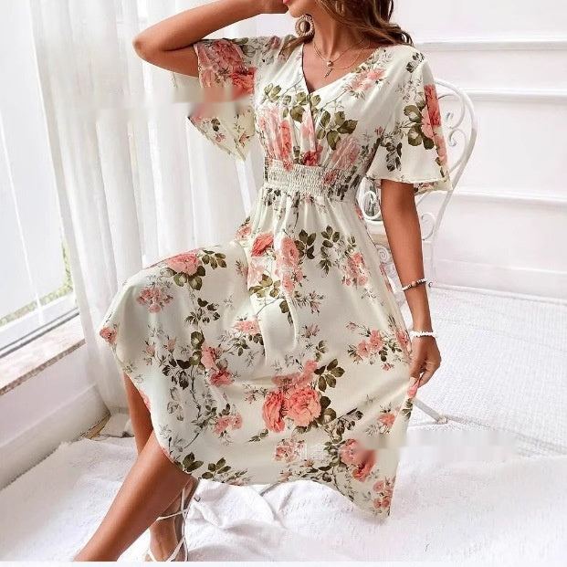 Women's Floral Print Smocked Waist Maxi Dress with Belt A-Line