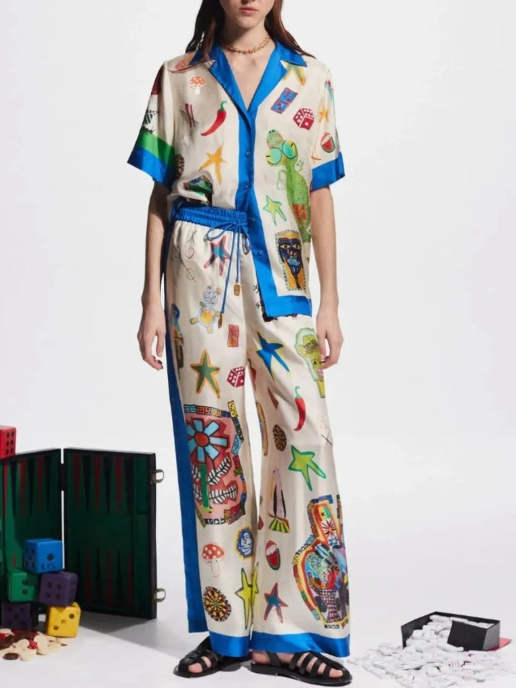 Sarah Express Women's Printed Button Up Shirt and Pants Set