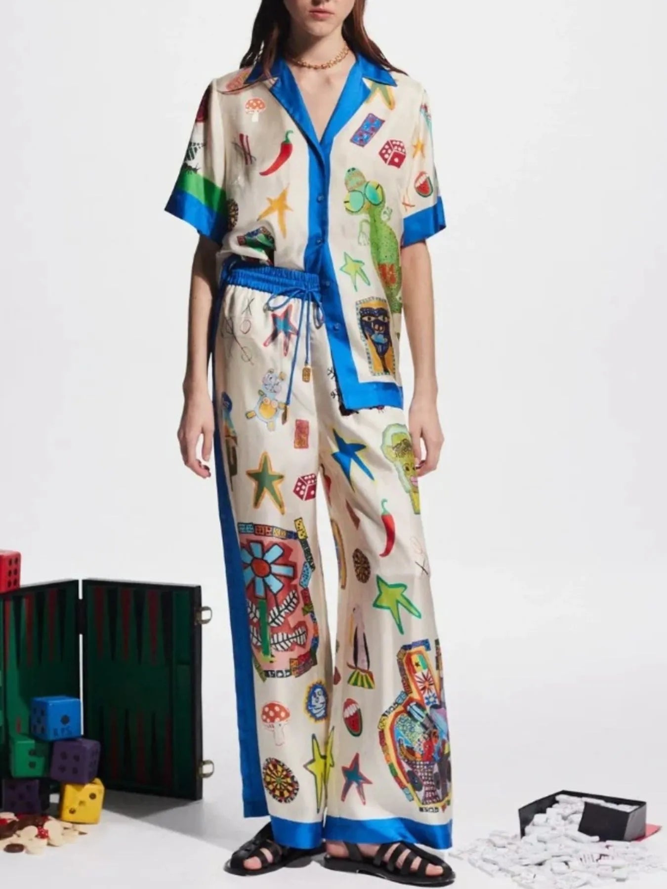 Sarah Express Women's Printed Button Up Shirt and Pants Set