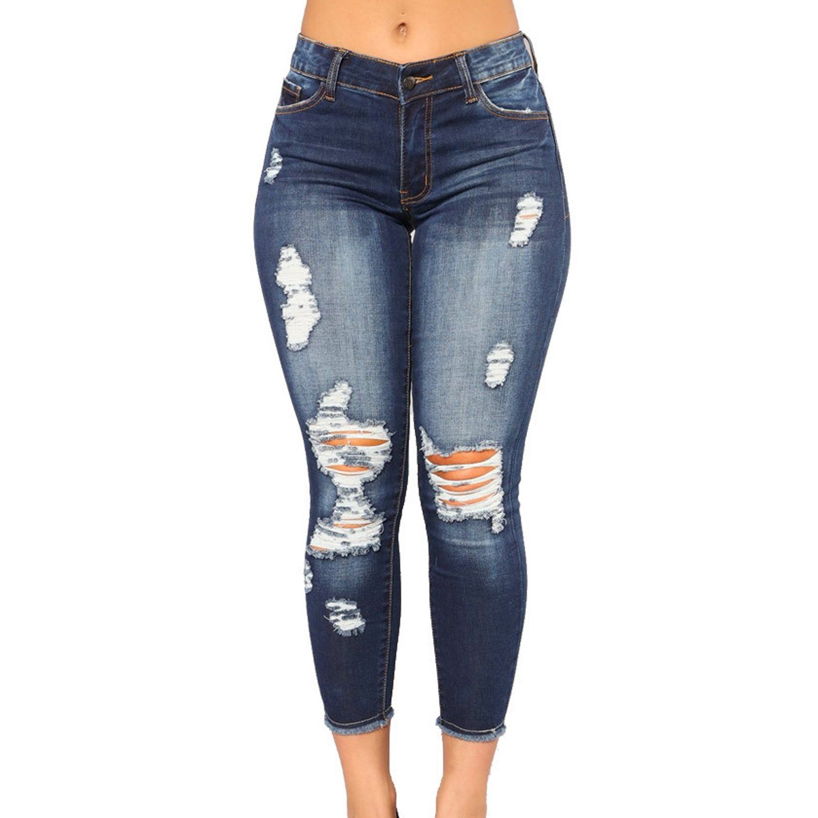 Distressed Skinny Jeans Elastic Mid-Rise Stretch Denim