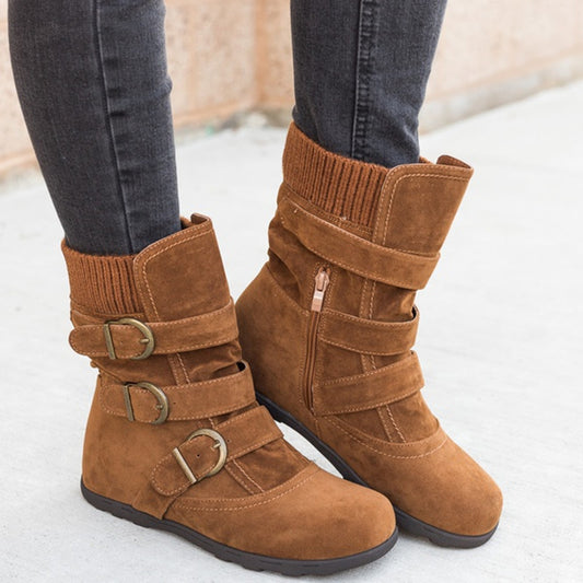 Sarah Express Women's Buckle Strap Winter Boots | Matte Round-Toe Flat Ankle Boots