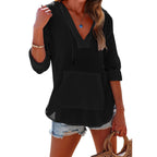 Women's V-Neck Hooded Shirt Long Sleeve Pockets Loose Fit