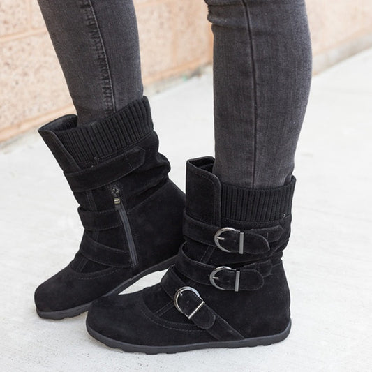 Sarah Express Women's Buckle Strap Winter Boots | Matte Round-Toe Flat Ankle Boots