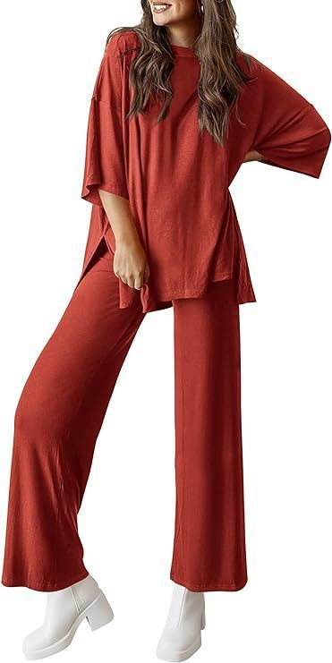 Two Piece Pullover Top Wide Leg Pants Set Polyester