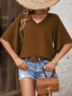 Sarah Express Women's V-Neck Flutter Sleeve Blouse - Oversized Basic Style Top